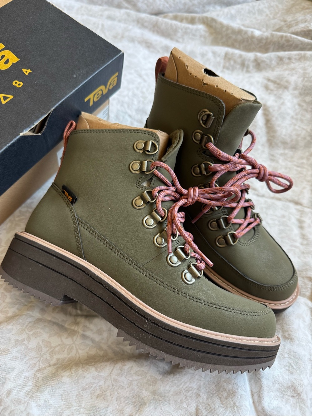 Teva Olive Green Lace-Up Platform Hiking Boots with Pink Laces